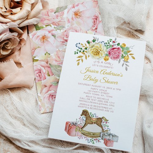 Vintage Pink Rose Floral Rocking Horse Baby Shower Invitation