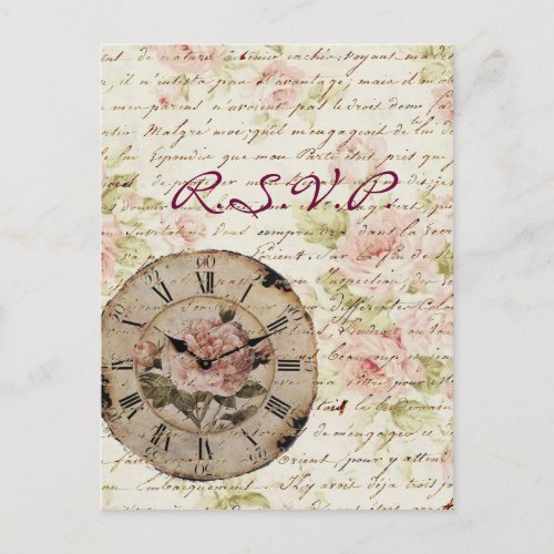 Vintage Pink Rose Floral steampunk Wedding RSVP Invitation Postcard