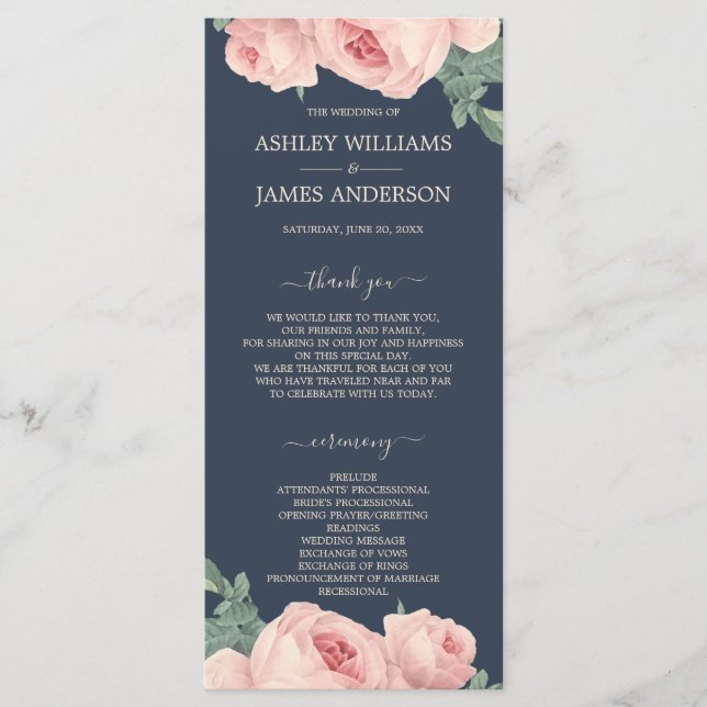 Vintage Pink Rose Floral Wedding Program (Front)