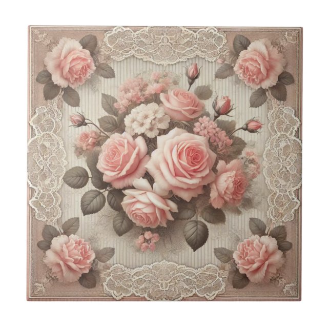 Vintage Pink Rose Floral with Lace Border Ceramic Tile (Front)