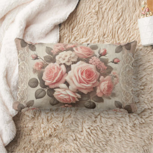 Vintage Pink Rose Floral with Lace Border Lumbar Pillow