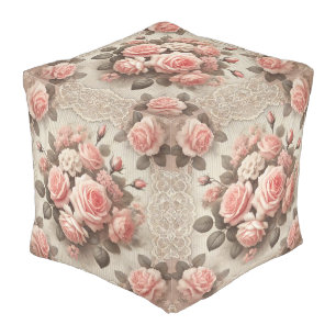 Vintage Pink Rose Floral with Lace Border Pouf