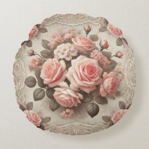 Vintage Pink Rose Floral with Lace Border Round Pillow