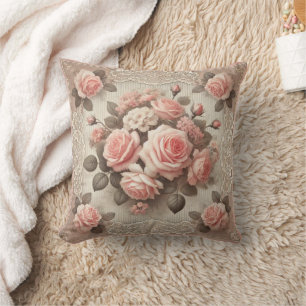 Vintage Pink Rose Floral with Lace Border Throw Pillow