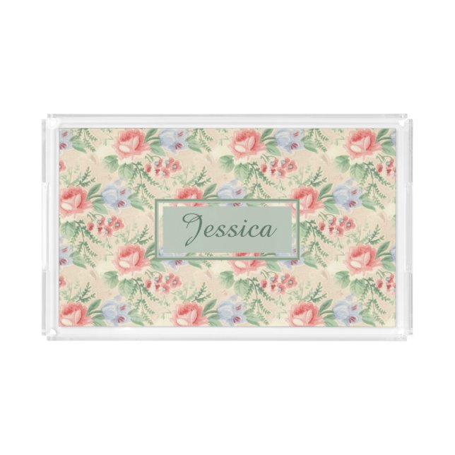 Vintage Pink Rose Flower Pattern Personalised Acrylic Tray (Front)