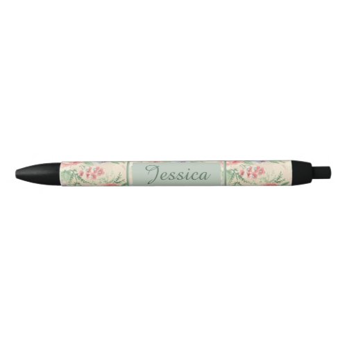 Vintage Pink Rose Flower Pattern Personalised Black Ink Pen