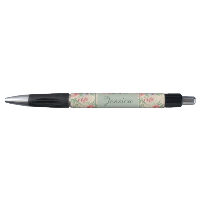 Vintage Pink Rose Flower Pattern Personalised Pen (Front)