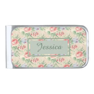 Vintage Pink Rose Flower Pattern Personalised Silver Finish Money Clip