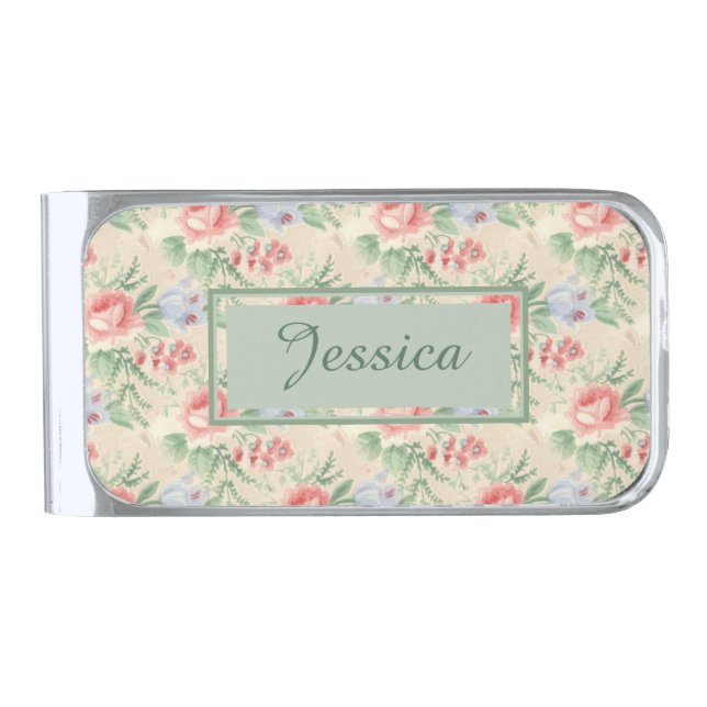 Vintage Pink Rose Flower Pattern Personalised Silver Finish Money Clip (Front)