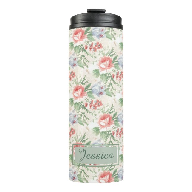 Vintage Pink Rose Flower Pattern Personalised Thermal Tumbler (Front)