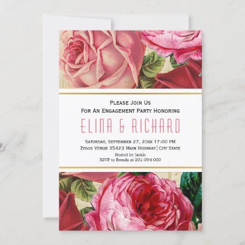 Vintage pink rose flowers floral engagement party invitation