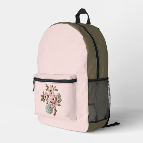 Vintage Pink Rose Folk Art Botanical Floral Bouque Printed Backpack