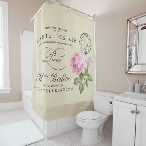 Vintage Pink Rose French Postcard Graphic Art Shower Curtain