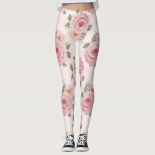 Vintage pink rose garden cottage floral pattern leggings