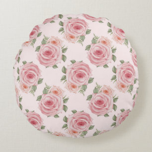 Vintage pink rose garden cottage floral pattern round pillow