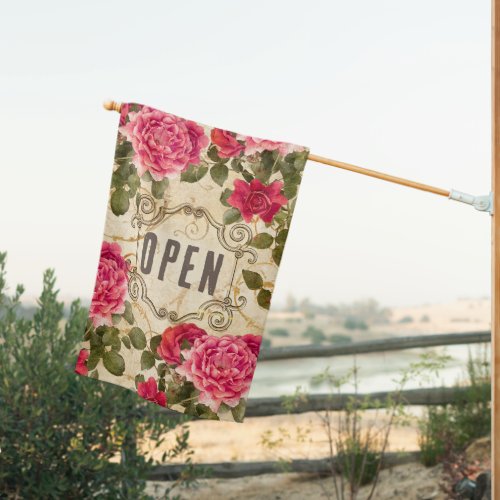 Vintage Pink Rose Gold Damask Floral Open House Flag