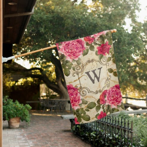 Vintage Pink Rose Gold Damask Monogram Floral House Flag