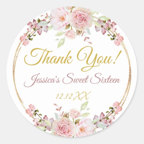 Vintage Pink Rose Gold Glitter Thank You Classic Round Sticker