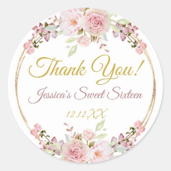 Vintage Pink Rose Gold Glitter Thank You Classic Round Sticker by MaggieMart at Zazzle