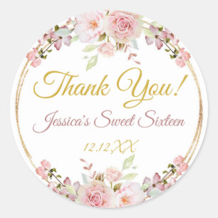 Vintage Pink Rose Gold Glitter Thank You Classic Round Sticker