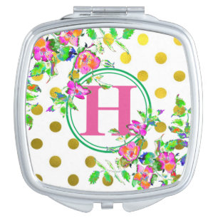 Vintage Pink Rose - gold polka dots -monogrammed Compact Mirror