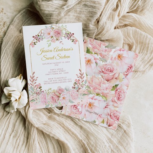 Vintage Pink Rose Gold Watercolor Floral Sweet 16 Invitation