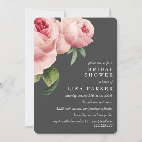 Vintage Pink Rose Gray Bridal Shower Wedding Invitation