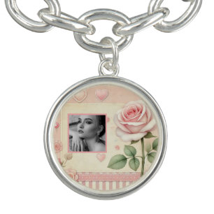 Vintage pink rose hearts floral photo watercolor bracelet