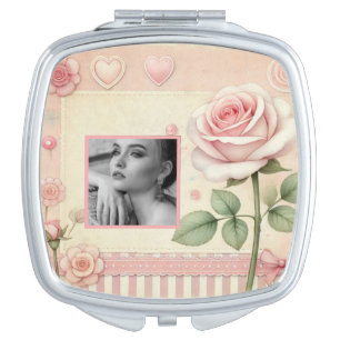 Vintage pink rose hearts floral photo watercolor  compact mirror