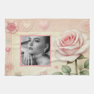 Vintage pink rose hearts floral photo watercolor  kitchen towel