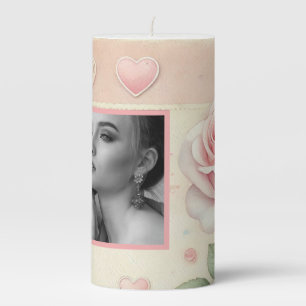 Vintage pink rose hearts floral photo watercolor pillar candle