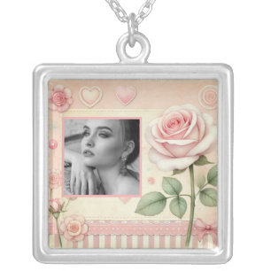 Vintage pink rose hearts floral photo watercolor silver plated necklace