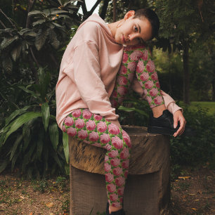 Vintage Pink Rose Minimalist Floral Green Leaf Leggings
