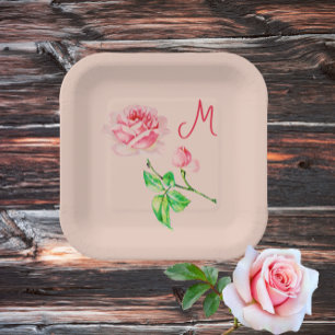  Vintage Pink Rose -monogrammed  Paper Plates