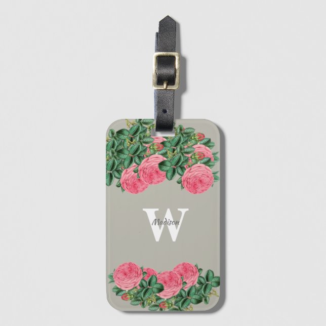 Vintage Pink rose on grey monogram Luggage Tag (Front Vertical)