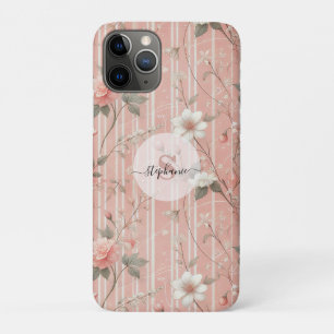 Vintage Pink Rose on Striped Pink Background iPhone 11 Pro Case