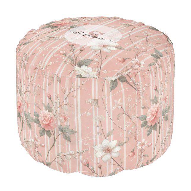 Vintage Pink Rose on Striped Pink Background Pouf (Angled Back)