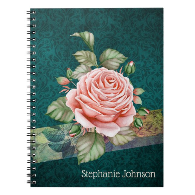 Vintage Pink Rose on Teal Damask Personalized Notebook (Front)