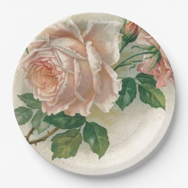Vintage Pink Rose Paper Plates (Front)