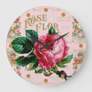 Vintage Pink Rose Parisian Shabby Chic Large Clock