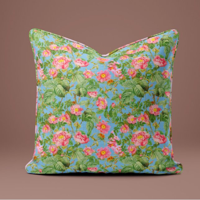 Vintage Pink Rose Pillow in Sky Blue (Creator Uploaded)