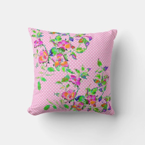 Vintage Pink Rose _ pink and white polka dots Throw Pillow