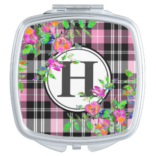 Vintage Pink Rose - pink  plaid -monogrammed Makeup Mirror