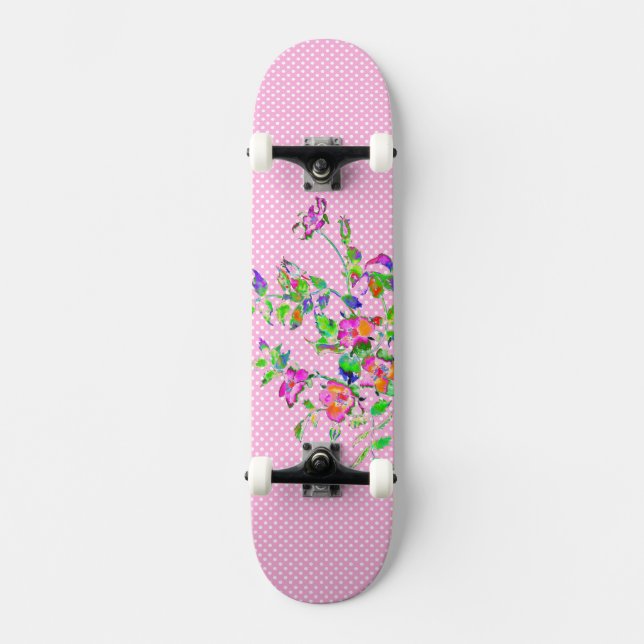 Vintage pink rose polka-dots skateboard deck (Front)