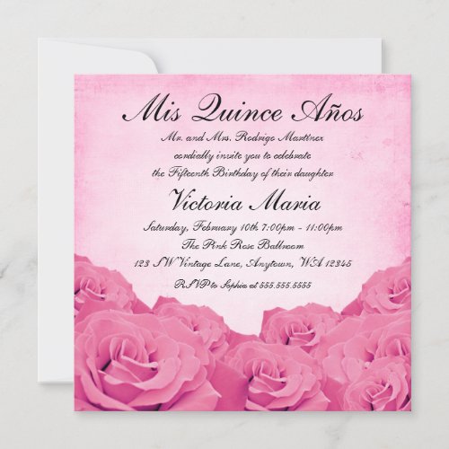 Vintage Pink Rose Quinceanera Birthday Party Personalized Invite