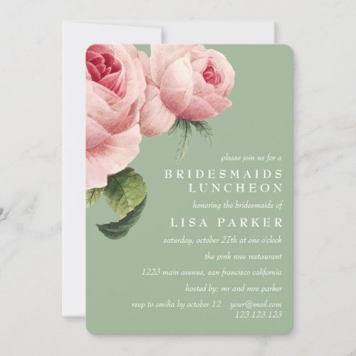 Vintage Pink Rose Sage Bridesmaid Luncheon Wedding Invitation