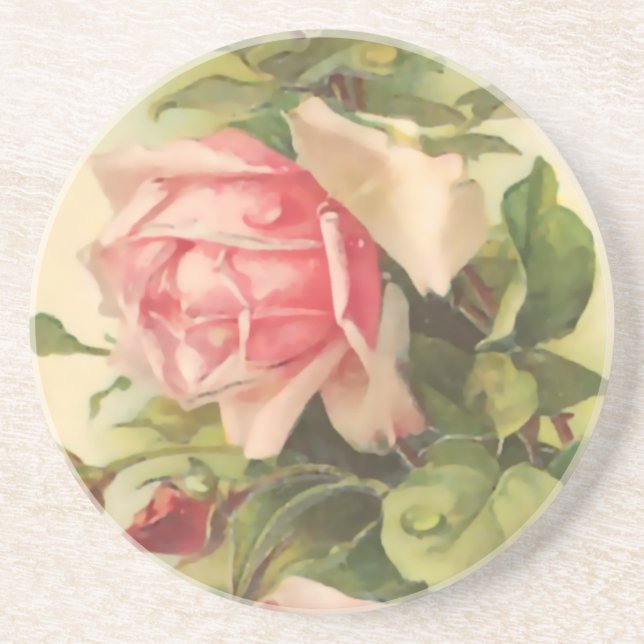 Vintage Pink Rose Sandstone Coaster (Front)