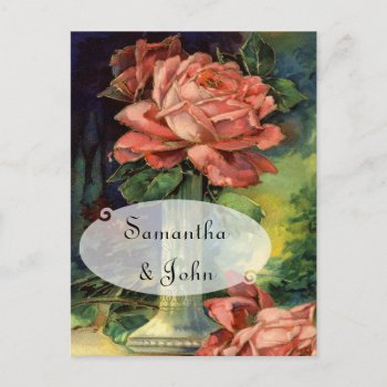 Vintage Pink Rose Save The Date Announcement Postcard by itsyourwedding at Zazzle
