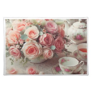 Vintage Pink Rose Tea Party Floral Cloth Placemat