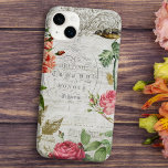 Vintage Pink Rose & Typography Ephemera Case-Mate iPhone 14 Plus Case<br><div class="desc">Elegant and romantic vintage pink French roses and bird on grungy ecru parchment background with ornate engraved ornament,  music notation,  hydrangea and typography.</div>